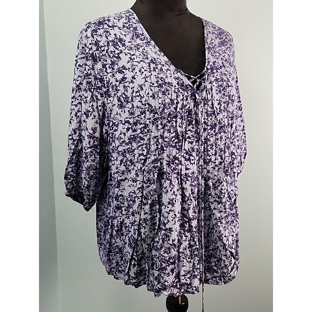 Knox Rose Size x1 Blue Floral V-Neck Ruffled Boho Top Shirt Peasant Blouse Tie - Picture 2 of 15